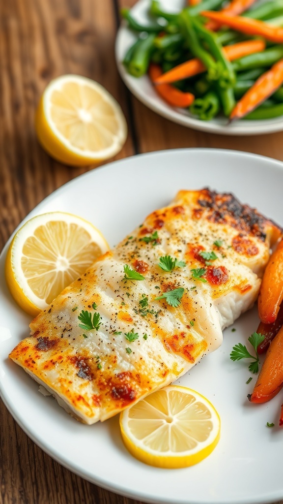 Pan-fried tilapia fillet garnished with parsley and lemon wedges, served with vegetables on a rustic table.